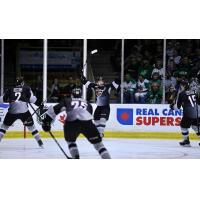 Jared Dmytriw of the Vancouver Giants celebrates his goal against the Prince Albert Raiders in Game 6