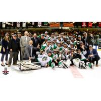 Prince Albert Raiders pose with the Ed Chynoweth Cup after winning the WHL Championship